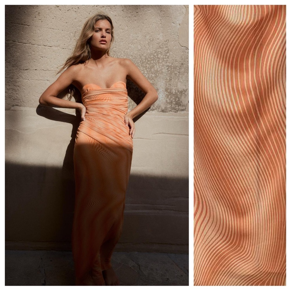 NWT. Zara Orange Printed Tulle  Boned Midi Dress with Sweetheart Neckline Size S